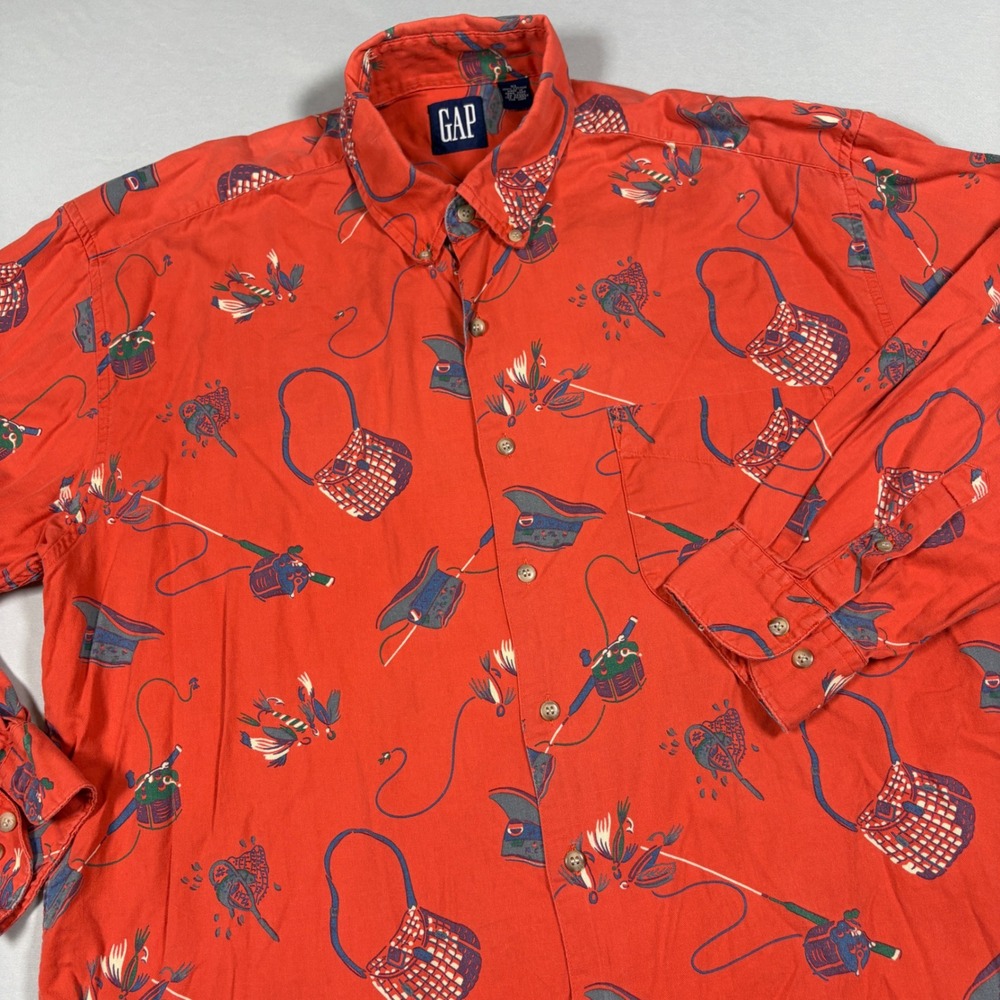Gap Shirt Mens XL Vintage Fly Fishing Print Red Cotton Button Down EUC